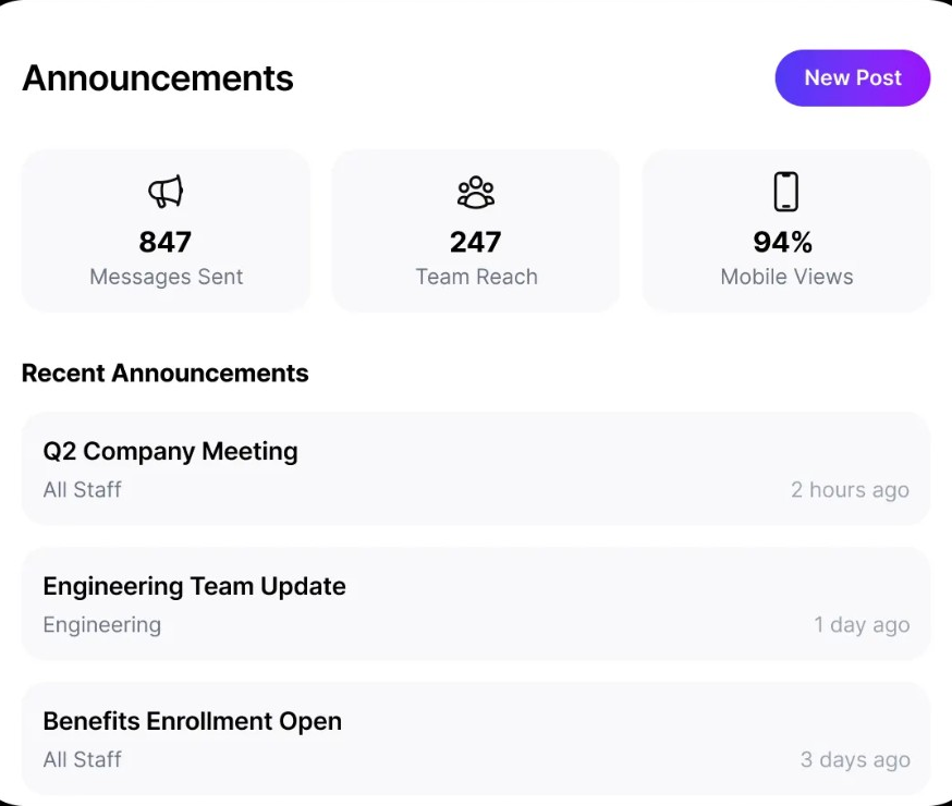 Announcements module showing recent company-wide posts with engagement stats