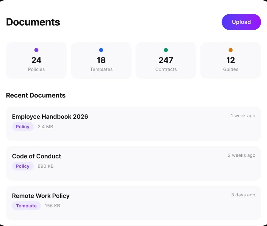 Documents panel showing recent uploads including Employee Handbook, Code of Conduct and policies